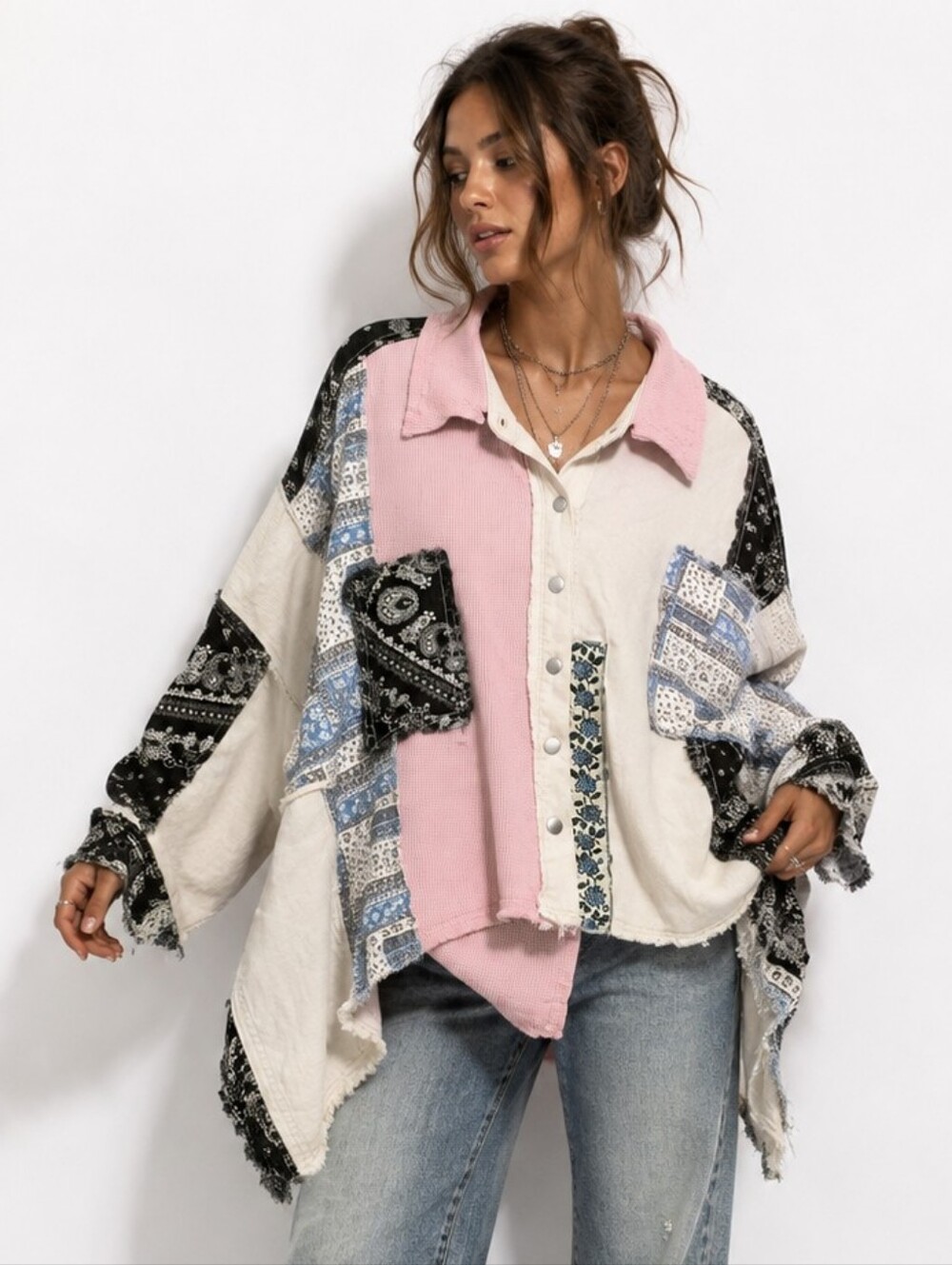 POL Patchwork Bandana Oversized Cotton Shirt Pink Black Size M